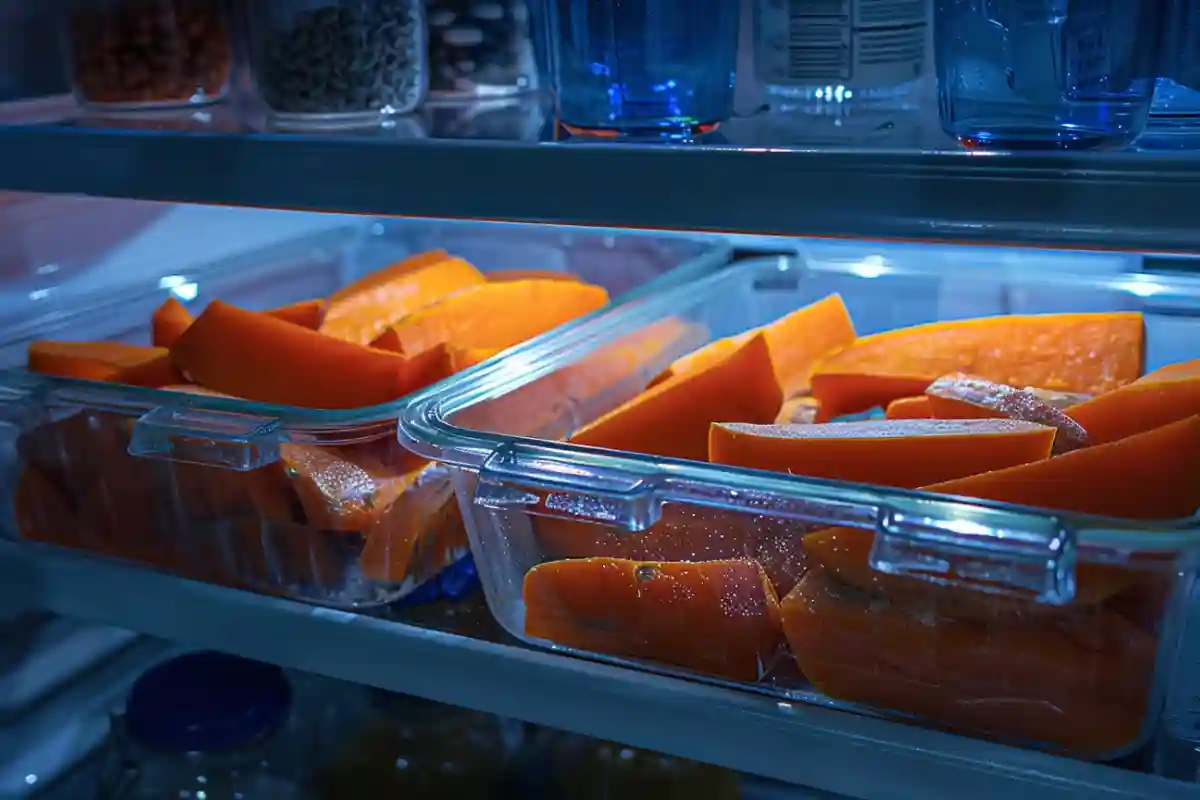 Smart Storage and Reheating Tips Glass containers of cut sweet potatoes stored in a refrigerator, showing condensation on the inside of the lids.