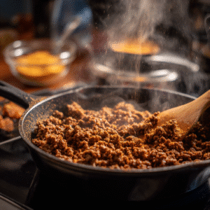 Sweet Potato Taco Bowl Calories & Nutrition - ground beef browning in a skillet with taco seasoning, steam rising, being stirred with a wooden spoon.