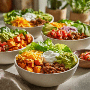 Sweet Potato Taco Bowl Calories & Nutrition - four taco bowls filled with romaine, roasted sweet potatoes, taco meat, guacamole, Greek yogurt, salsa, and colorful toppings.