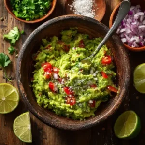 Sweet Potato Taco Bowl Calories & Nutrition - mashed guacamole with avocado, lime, red onion, tomato, garlic, and jalapeño in a rustic bowl.