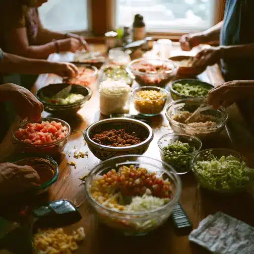 Taco Bowl Portion Control Build-Your-Own Guide Taco Bowl Portion Control theme of building your own taco bowl with a variety of healthy ingredients in separate bowls for customized portions.