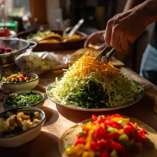 Taco Bowl Portion Control With Veggies for Volume Taco Bowl Portion Control - theme of using lots of fresh shredded cabbage, herbs, and colorful veggies to add volume and nutrition to taco bowls.