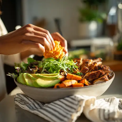 How to Adapt Sweet Potato Taco Bowls for Keto or Low-Carb Diets How to Adapt Sweet Potato Taco Bowls to Your Diet Plan keto low-carb bowl with leafy greens, avocado, grilled chicken, and small amount of sweet potato for flavor.