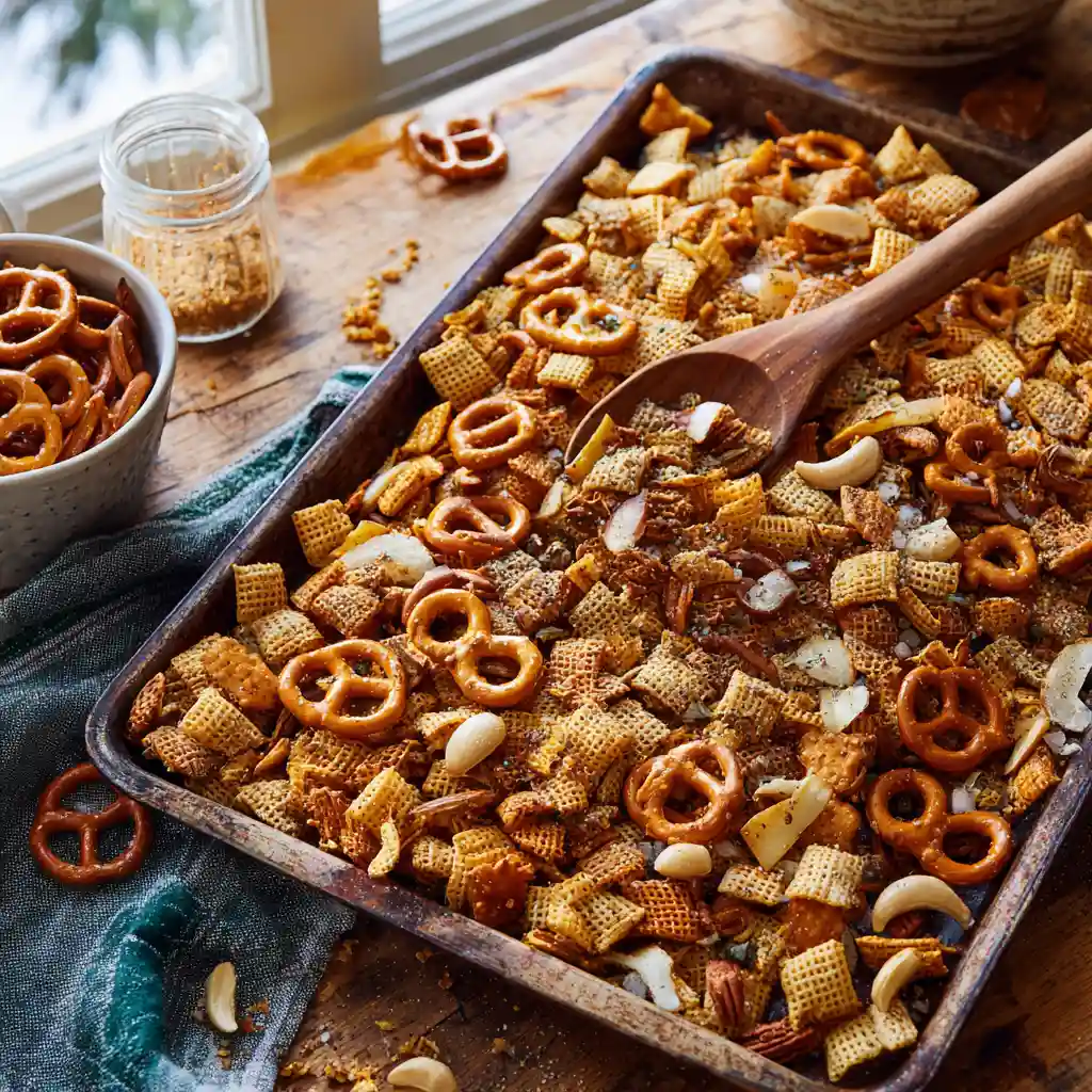 Bagel Chex Mix: 7 Best Recipes to Snack Smarter Today 3 u3316835771 Overhead shot of a large rustic baking sheet fill 3bd8b69b 5a94 4aa6 aa03 189469763ffb 1 compressed