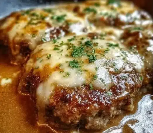 Amish Hamburger Steak Bake served with mashed potatoes and vegetables