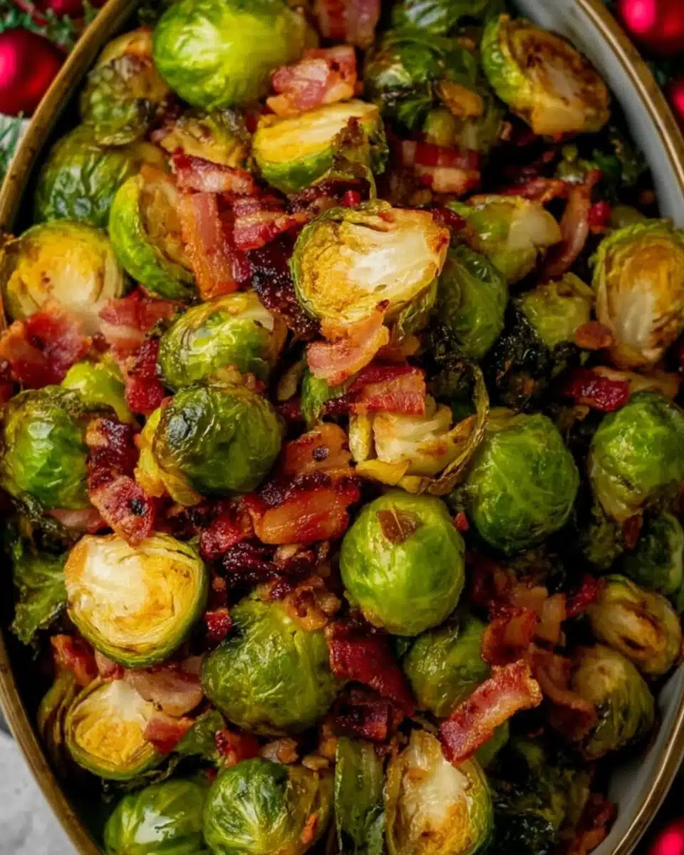 Plate of Bacon Brussels Sprouts garnished with herbs