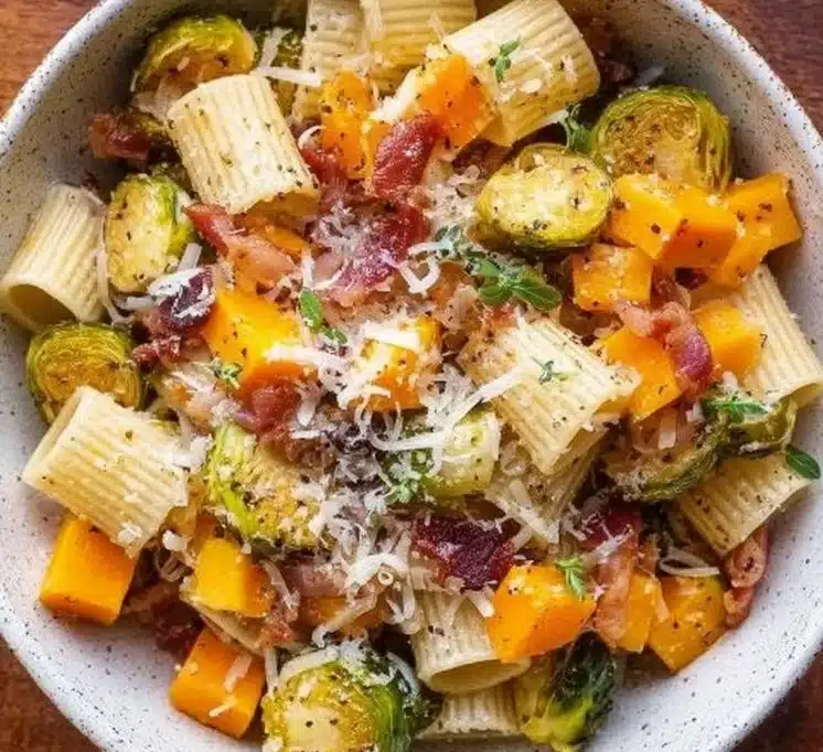 Delicious bacon pasta with Brussels sprouts and butternut squash served in a bowl