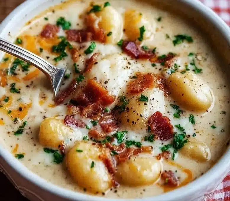 Bacon Cheddar Gnocchi Soup served in a bowl, garnished with herbs