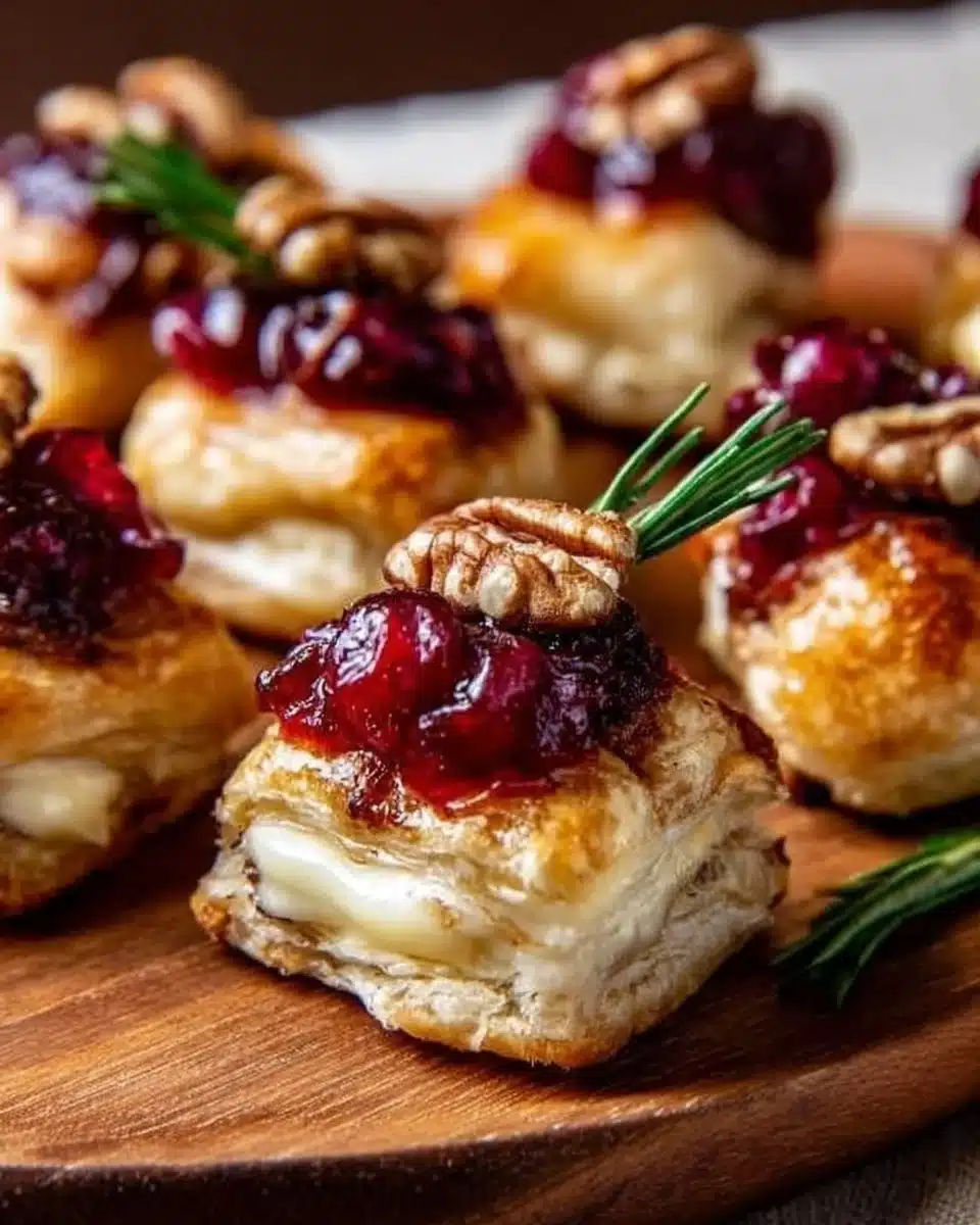 Delicious baked cranberry brie bites appetizer served on a platter.