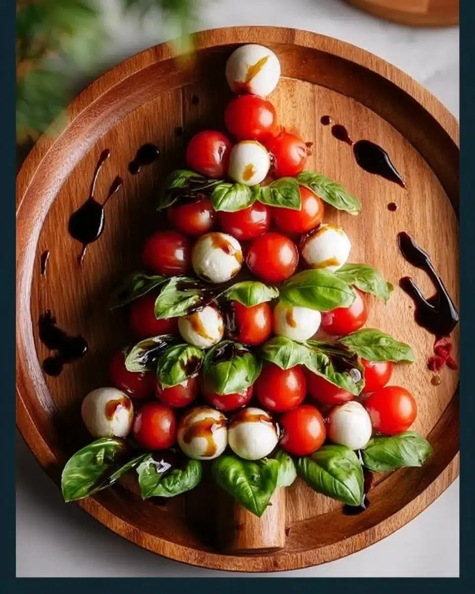 Caprese Christmas Tree Salad with mozzarella, tomatoes, and basil arranged as a tree