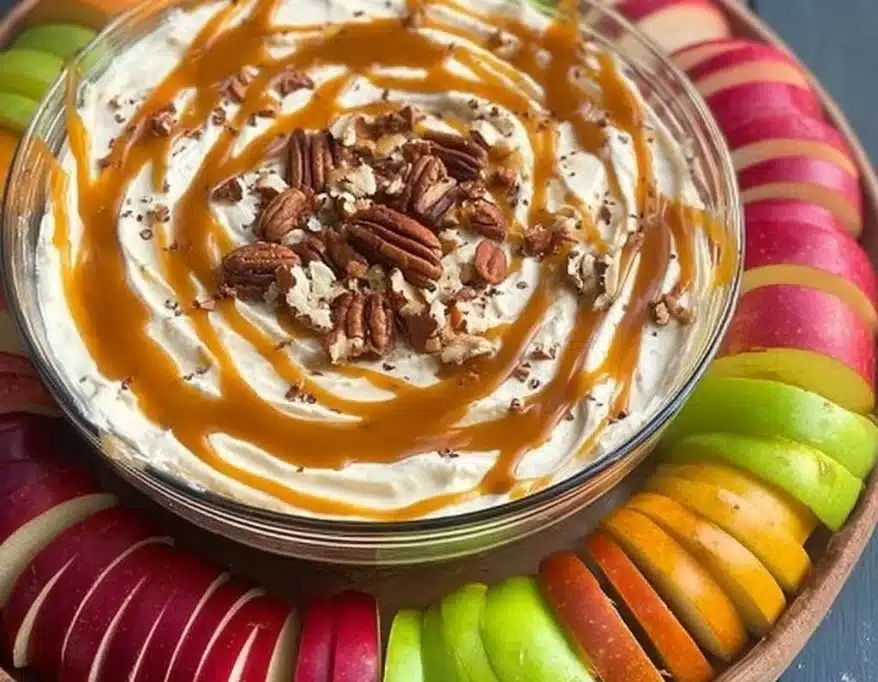 Delicious caramel apple cheesecake dip in a bowl with apple slices for dipping.