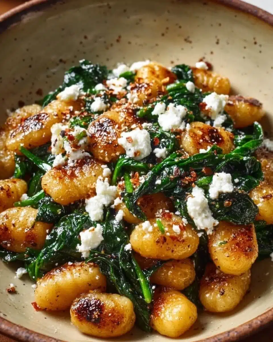 Creamy gnocchi with spinach and feta on a plate
