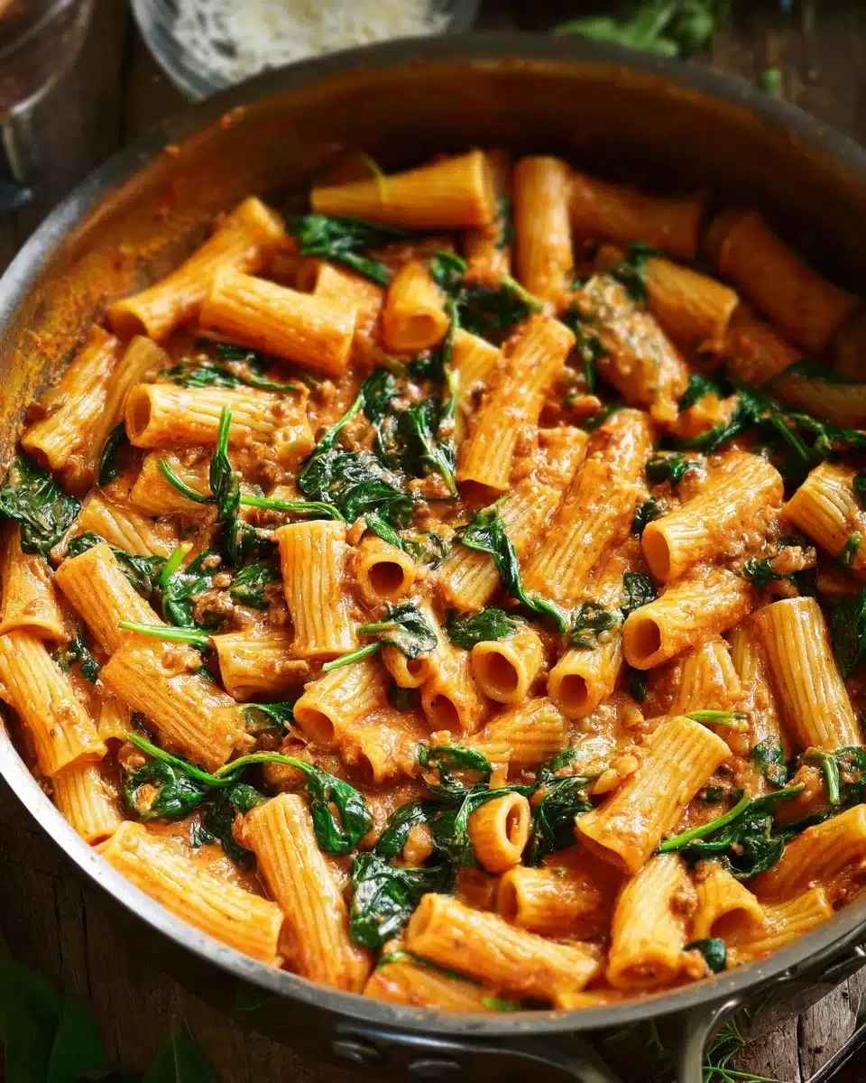 Creamy sausage rigatoni with spinach, garlic, and tomato cream sauce served in a bowl