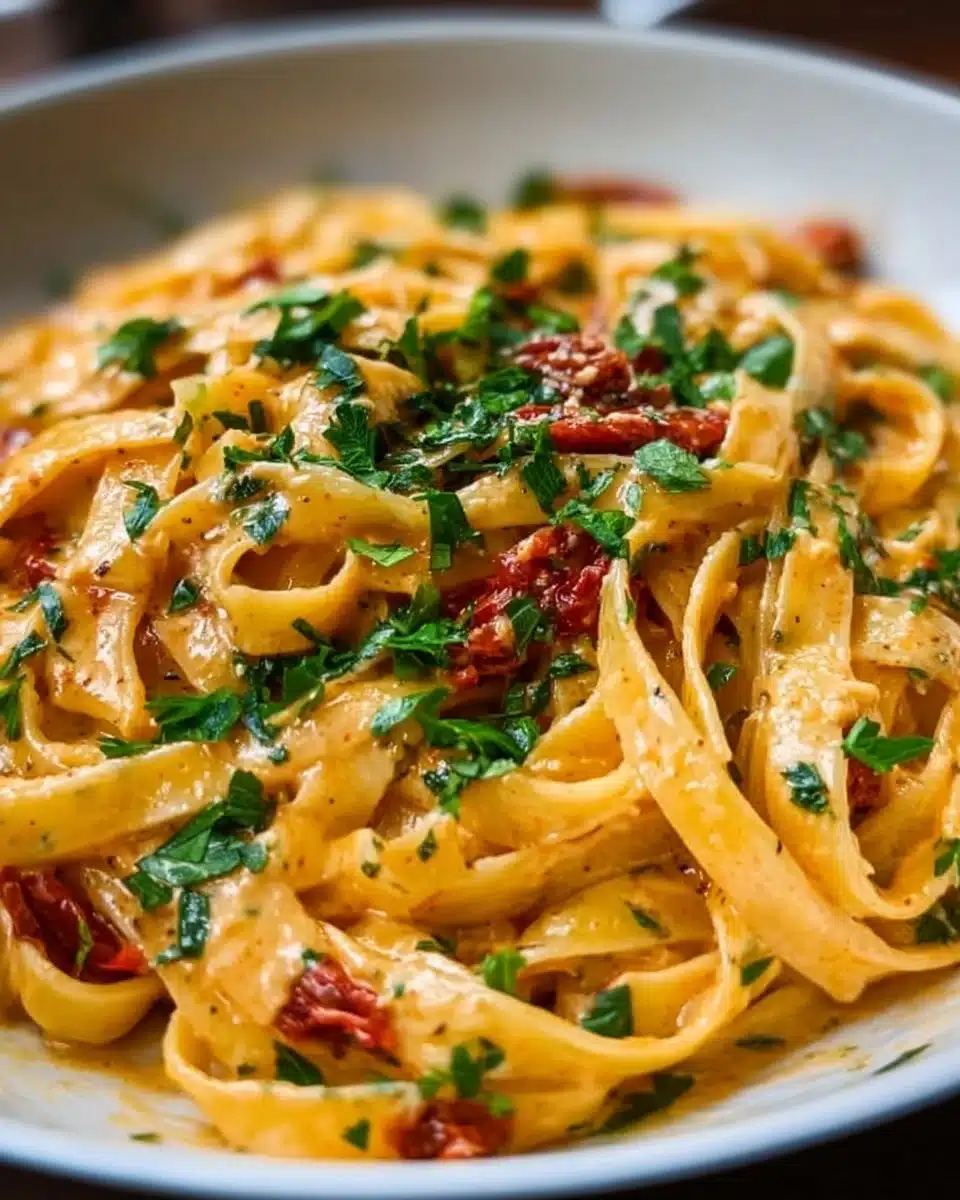 Creamy vegan pasta with sun-dried tomatoes and fresh herbs in a bowl