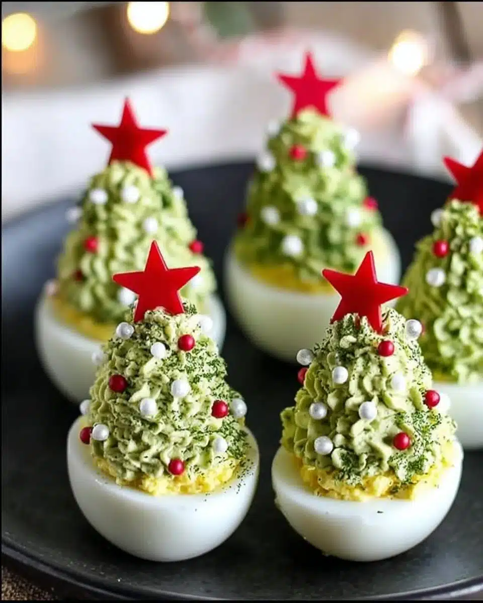 Festively decorated deviled egg Christmas trees on a serving platter