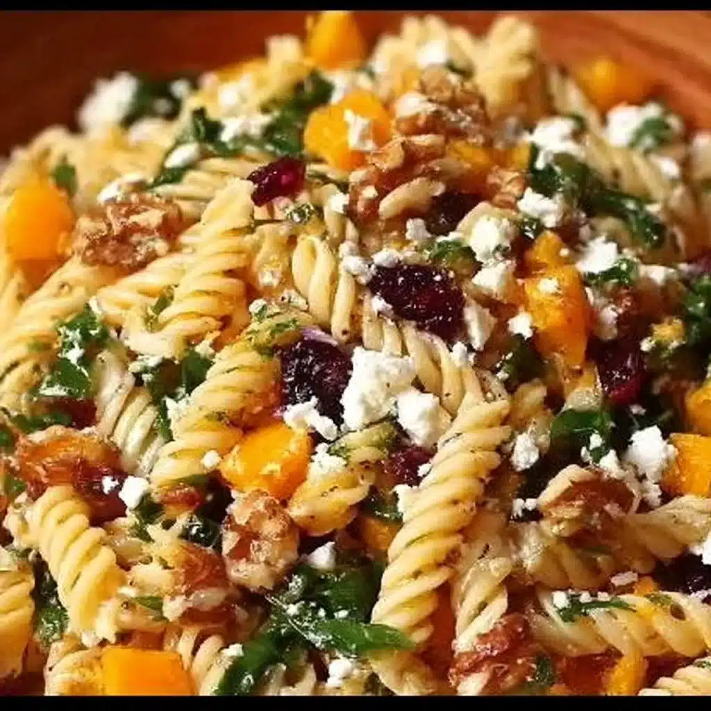 Colorful Fall Harvest Pasta Salad with seasonal vegetables and dressing
