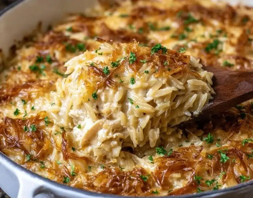 French Onion Chicken Orzo Casserole topped with melted cheese and herbs