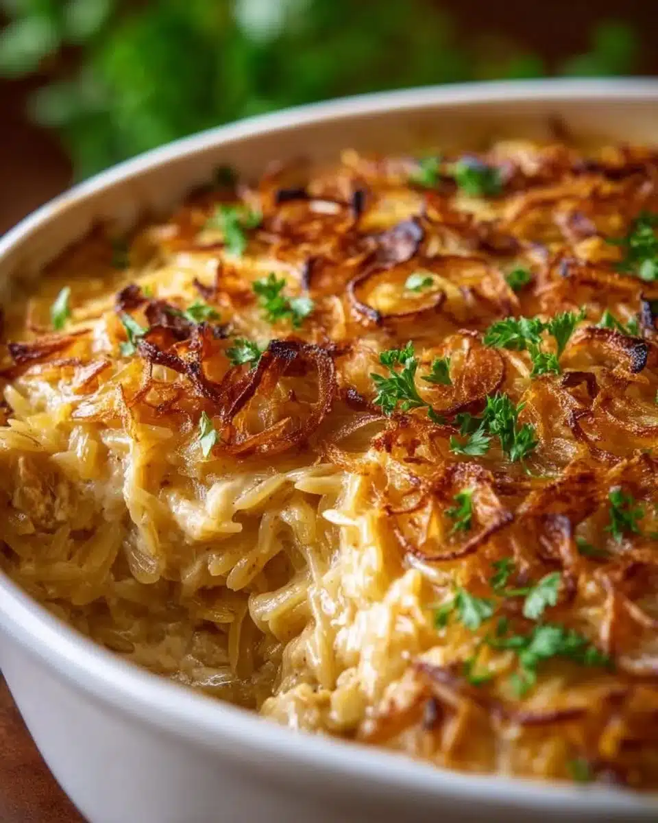 French onion chicken orzo casserole topped with melted cheese and caramelized onions.