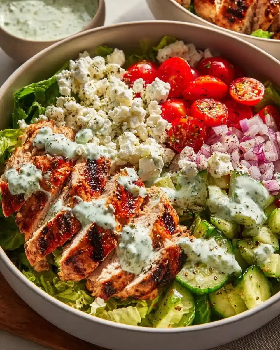 Mediterranean Greek Chicken Bowls with fresh vegetables and herbs
