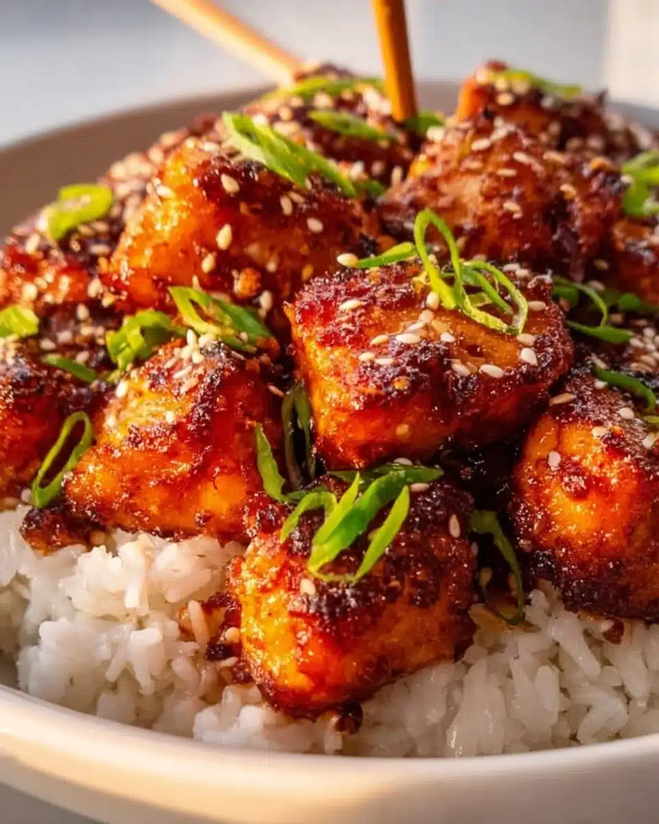 Honey garlic salmon bites served on a platter with garnishes