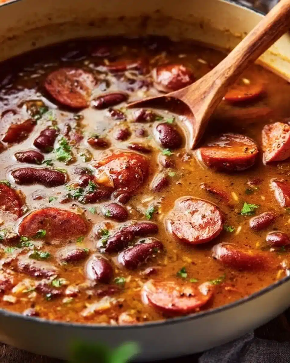 A bowl of Louisiana red beans and rice garnished with green onions