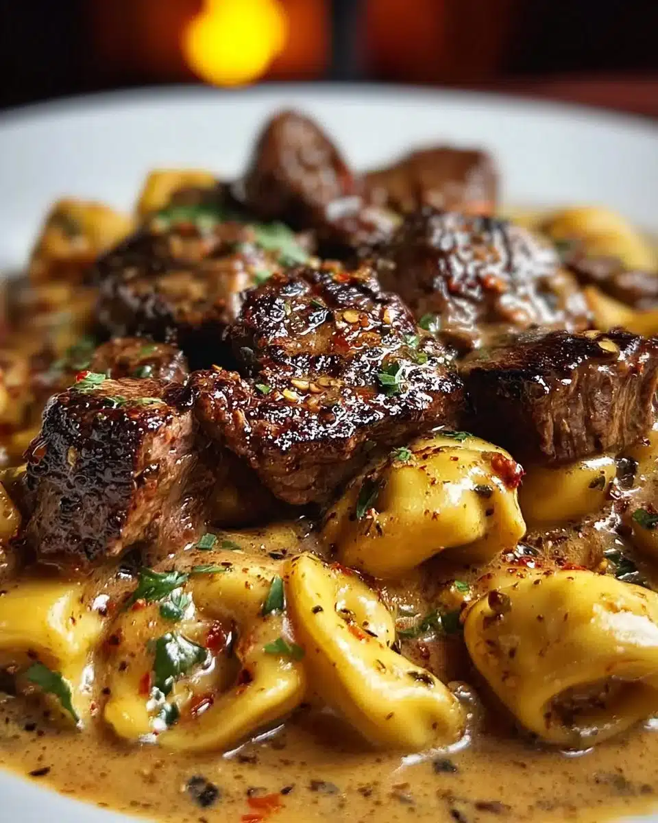 One-Pan Cowboy Butter Tortellini with steak bites in a skillet