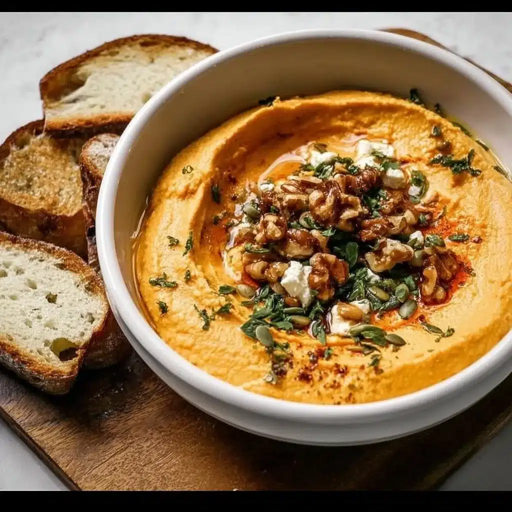 Pumpkin Whipped Feta Dip served in a bowl with crackers and herbs
