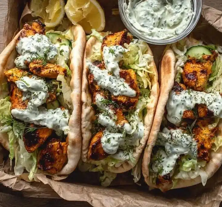 Sheet pan chicken pitas with fresh vegetables and herby ranch dressing