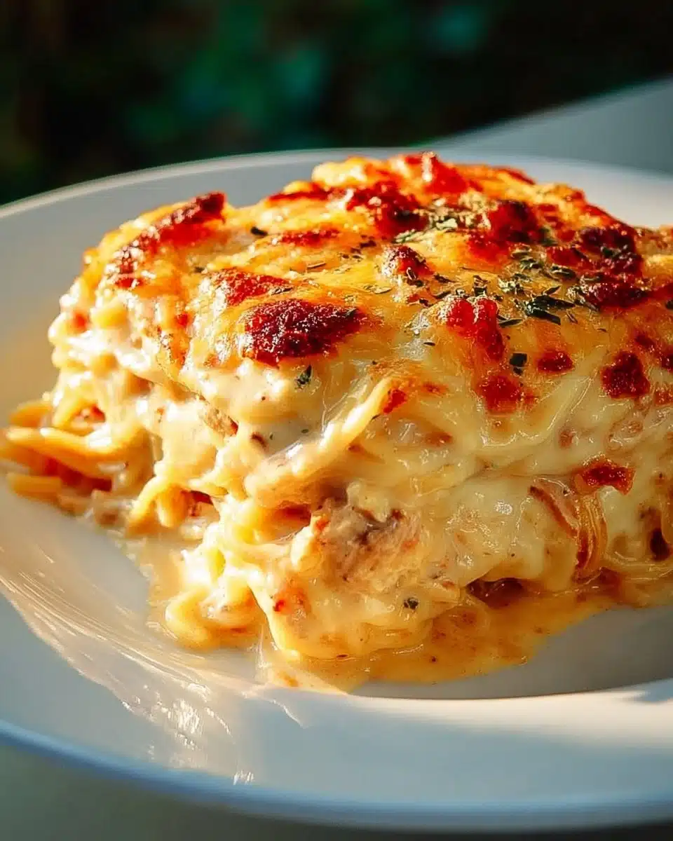 Spicy Southern Cheesy Chicken Spaghetti Casserole on a dinner plate