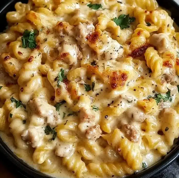 Delicious crockpot garlic parmesan chicken pasta served in a bowl