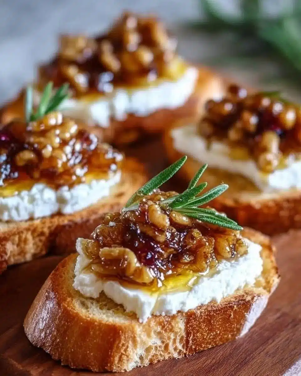 Whipped feta crostini topped with hot honey on a rustic platter