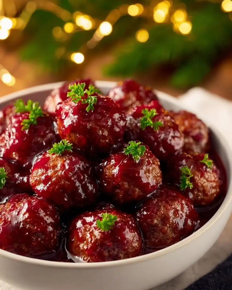 Delicious Christmas cranberry meatballs served on a platter for festive gatherings