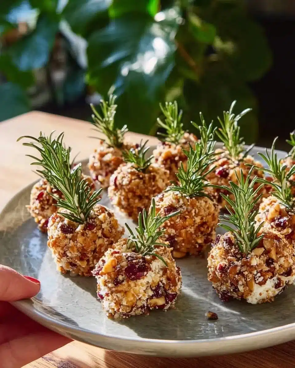 Festive cheese ball garnished with herbs, nuts, and crackers for a delicious appetizer.