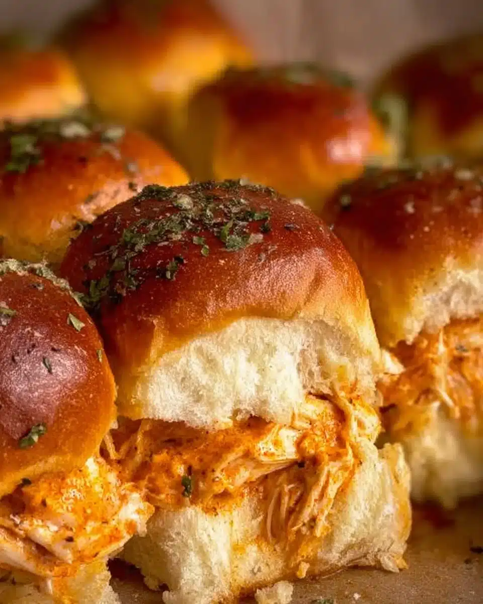 Spicy Buffalo Chicken Sliders served with sauce and garnish on a platter