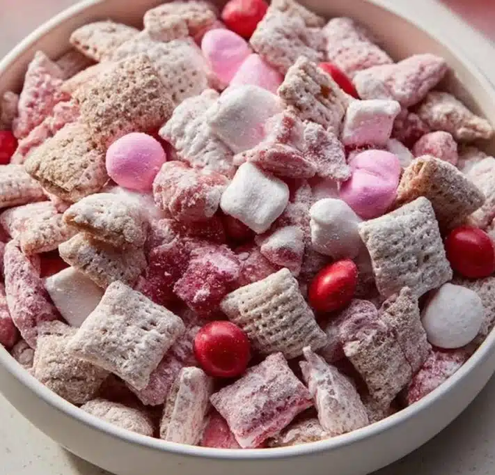 Delicious Valentine's Day Muddy Buddies treat in heart-shaped design