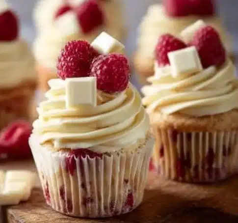White Chocolate Raspberry Cupcakes topped with creamy frosting and fresh raspberries