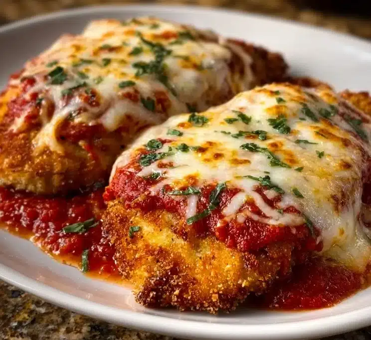 Baked Chicken Parmesan topped with melted cheese and marinara sauce on a plate.