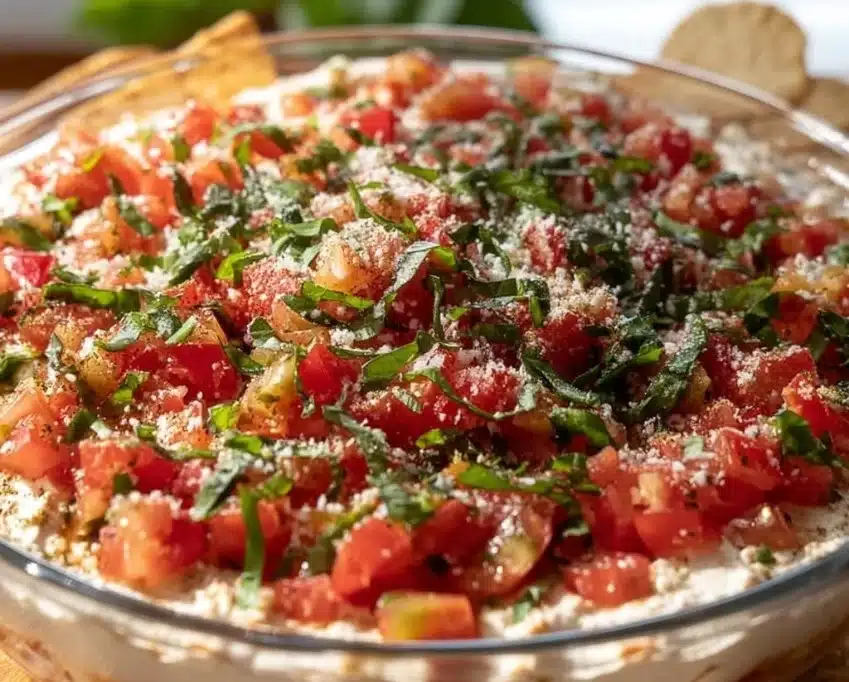 Delicious Bruschetta Dip served in a bowl as a colorful appetizer