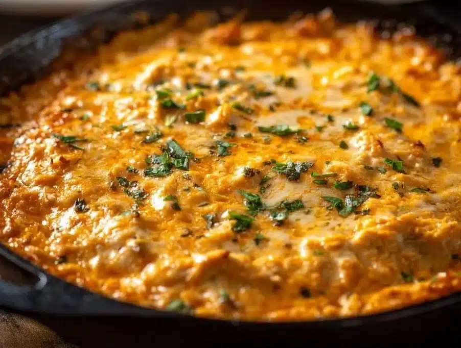 Creamy and spicy Buffalo Chicken Dip served in a bowl with tortilla chips