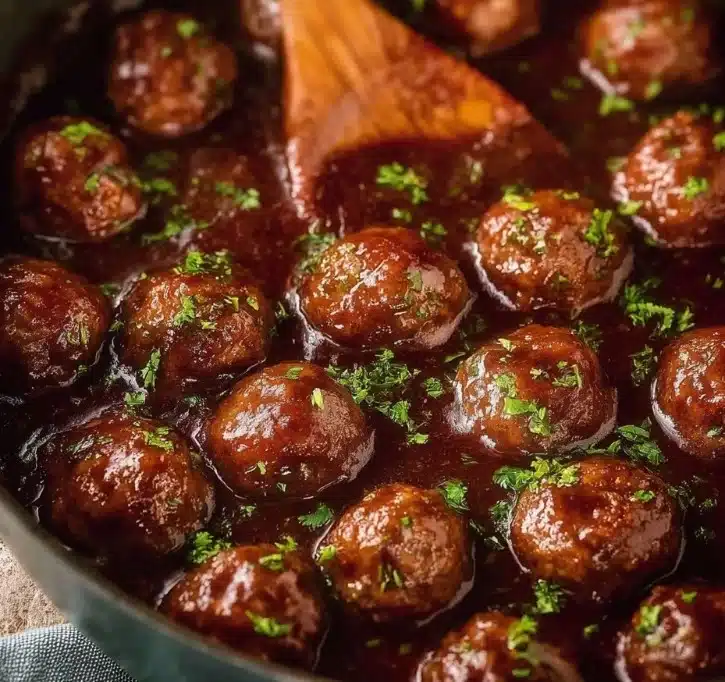 Plate of grape jelly meatballs in a savory sauce