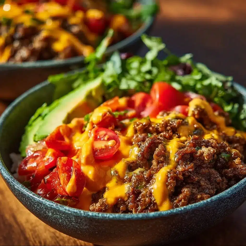 High-Protein Cheeseburger Bowls with ground beef and burger sauce