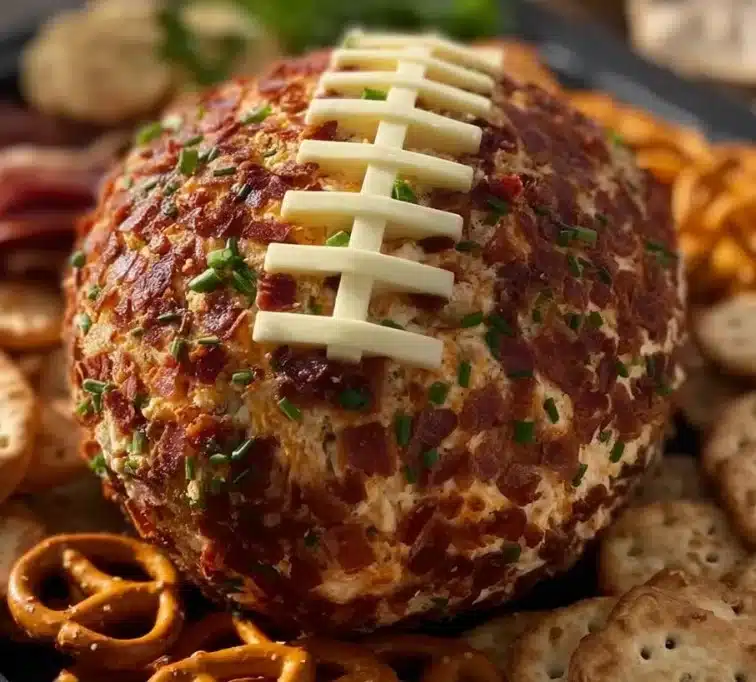 Jalapeño Popper Football Cheese Ball displayed on a serving platter