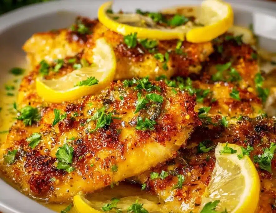Lemon chicken with rich lemon butter sauce on a plate