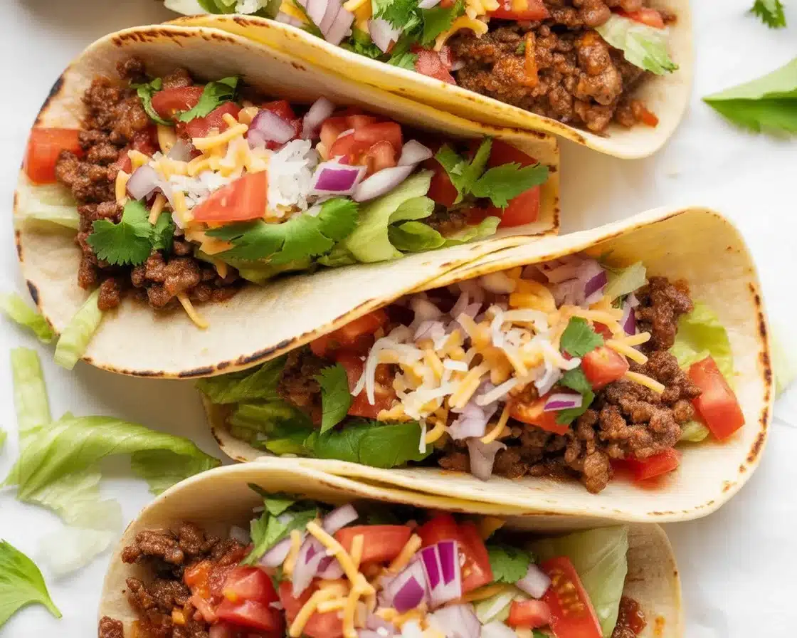 Delicious Ground Beef Tacos with fresh toppings and crispy taco shells.