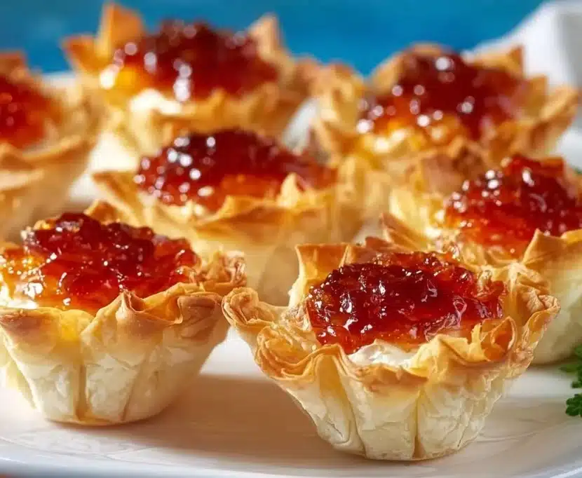 Pepper jelly cream cheese appetizer dip served with crackers and veggies