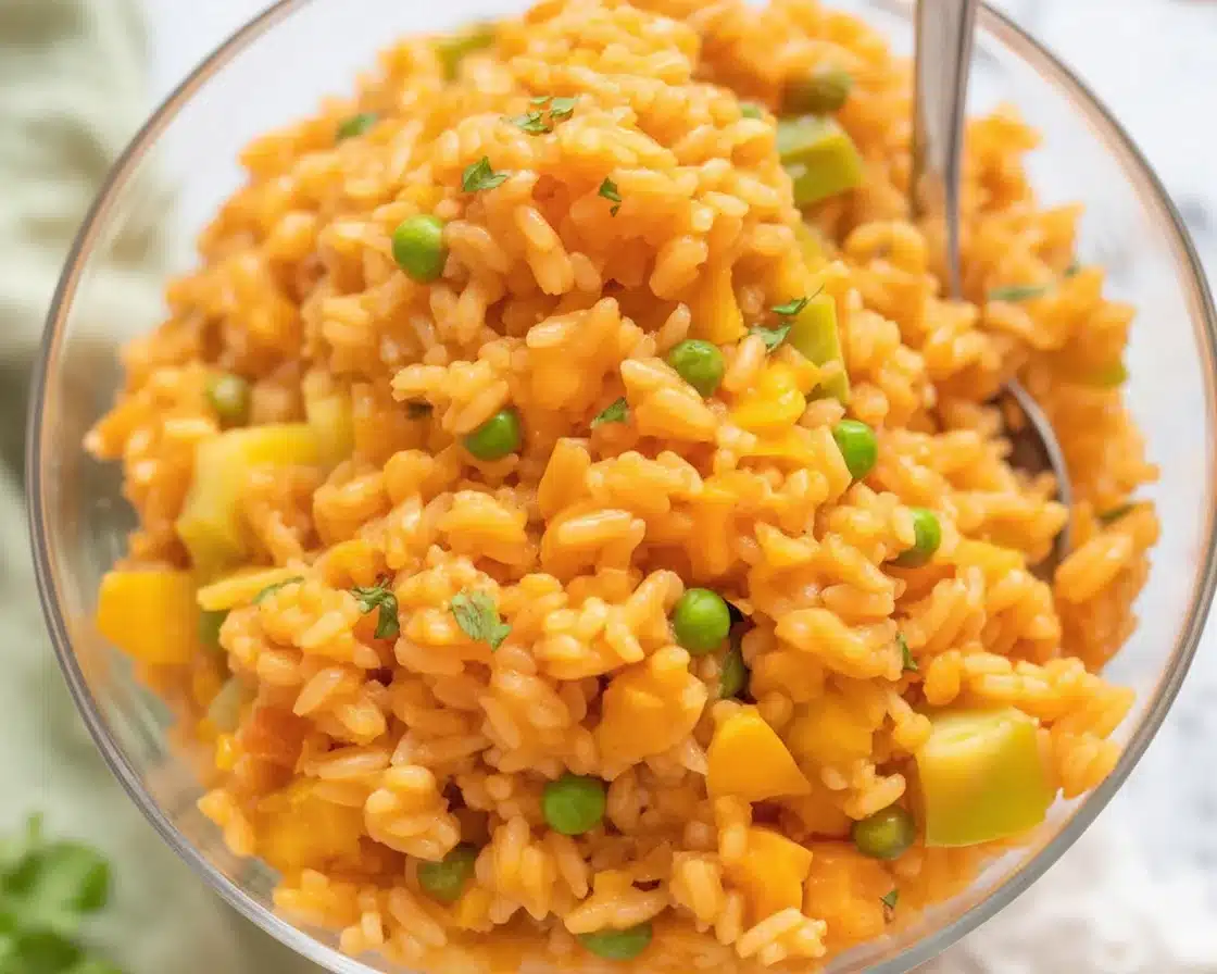 Bowl of Authentic Mexican Rice garnished with fresh herbs and spices